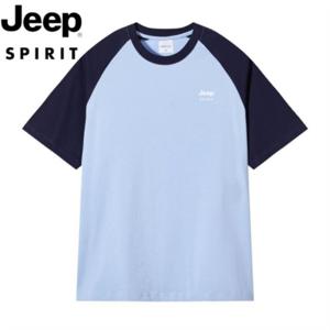 1+1 지프 JEEP SPIRIT 남자 공용 순면 라운드 반팔 티 슬림핏 배색 상의 JP38957