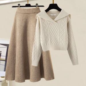 2025여성투피스투피스세트정장세트마담의류가을겨작은 키 세트 스커트 투피스 스웨터 + 하이웨스트 A자 니