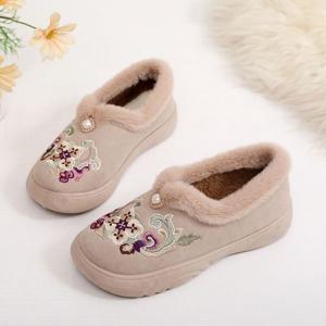 여자 꽃자수 에스닉 털로퍼 쿠션 털안감 슬립온