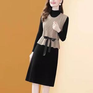 여성용 니트 캐주얼 셋업 레이어드 민소매 니트 슬림 롱원피스 투피스 원피스세트 빅사이즈