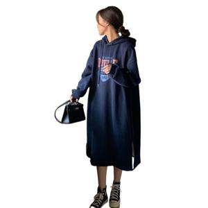 oversize 알파벳 프린트 후드 기모 두꺼운 스커트 여성용 루즈핏 오버슬립 트임 원피스