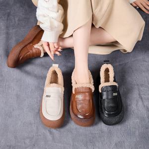 PURETON 천연가죽 경량 여성 털 단화 방한 슬립온 신발