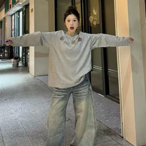 여성 봄 가을 오버핏 라운드 긴팔 순면 티셔츠 여자 가을티 면티 상의