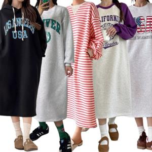 여성 기모 롱 원피스 빅사이즈 겨울 맨투맨 여성의류 임산부 긴팔 티셔츠 홈웨어 오버핏 면 니트