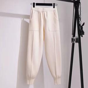 여성 하이웨스트 니트 롱팬츠 루즈핏 배기핏 밴딩허리 핀턱절개 라인 포켓 디테일 데일리 부 바지