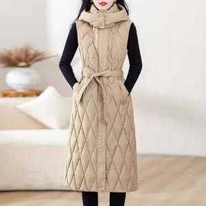 여자 겨울 포근 따뜻한  후드 롱 패딩 조끼 집업 허리조임 웰론 롱 패딩 조끼