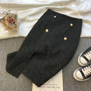 여성 봄 가을 소향풍 롱 스커트 슬림핏 하이웨이스트 스커트 고급스러운 A라인 샤이닝 체크 트위드 트임 롱