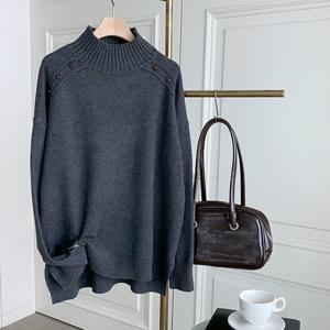 샵앤) 여성 반목 나그랑 버튼 베이직 니트 티셔츠 DGB-WKN-4067-진그레이