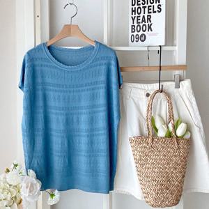 샵앤) 여성 레이스 라운드넥 나그랑 캡소매 니트티 JR-WKN-4594-블루