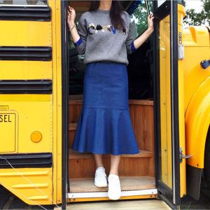 [엠지] 데님 스커트 봄 가을 스판 빅사이즈 데일리 롱 청치마