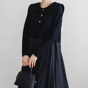 [디작소]여성 가을 겨울 기계주름 세일러카라 롱 원피스