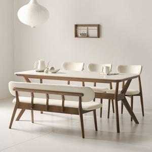(착불) 모린 포세린 세라믹 원목 6인 식탁세트 2000 의자3+등받이벤치형 IKMR2A