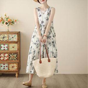 [바바라옷장]252718 - 패턴 민소매 린넨면롱원피스 여름원피스