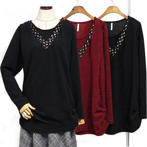 [해피통통] 빅사이즈 이중스팽글티 겉기모 오피스옷 여성긴팔티