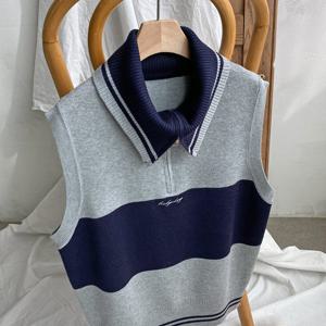 샵앤) 여성 간절기 하이넥 반집업 투톤 니트 조끼 DGB-WVS-4199-그레이