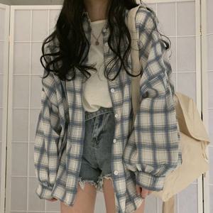 샵앤) 여성 빅사이즈 블루 체크 긴팔 셔츠 WON-WBL-WFED494