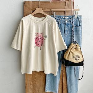 샵앤) 여성 라운드넥 나그랑 꽃돼지 국산 면100 심플 반팔 티셔츠 FJ-WSH-4351-크림