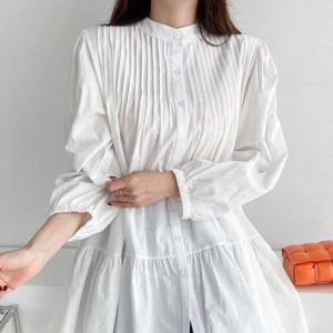 [옷자락]여자 핀턱 튜닉 A라인 무지 면남방 원피스기장 셔츠