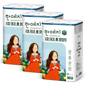 한예지 3겹 데코 천연펄프 100% 화장지 27m 30롤 3팩