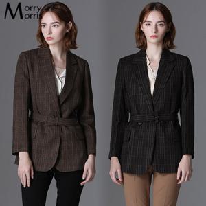 [르오트] 모던클래식 벨티드 체크 울 블렌드 재킷