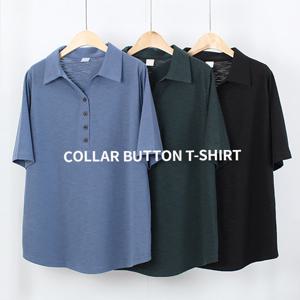 [해피통통] 빅사이즈 버튼카라 반팔티 캐주얼한 오피스옷 여성 여름 슬라브 티셔츠 미시 카라티 여성의류