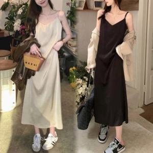[옷자락]여자 SS 캐미 새틴 미색 검정 컨템포러리 롱원피스
