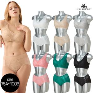 [방송히트]마담엘레강스003 편안한 빅사이즈 보정 노와이어 브라6종 팬티 6종 패키지(75A~100B)