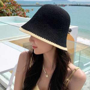 (앙상블) 배색 라인 망사 밀짚 모자 여름 벙거지 여성