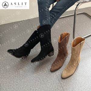 [애슬릿] 통 넓은 스틸레 토 스웨이드 웨스턴 반 부츠