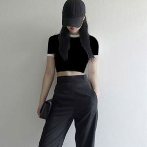 배꼽티 베이직 배색티 시원한 여성의류 여름 여자티 라운드티