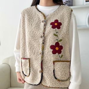 링링 겨울 뽀글이 꽃 포인트 단추 여성 양털 조끼