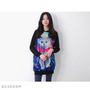 [보스룸]여자 왕관쓴고양이 긴팔후드티 원피스 롱탑