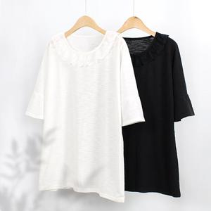 [해피통통] 여성빅사이즈 플라워 레이스 5부소매 티 슬라브 티셔츠 여성의류