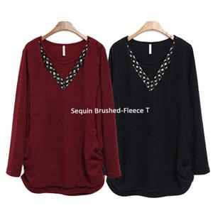 [해피통통] 빅사이즈 이중스팽글티 겉기모 오피스옷 여성긴팔티