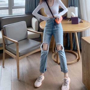 드쟌 연청 하이웨스트 데미지 무파진 일자 청바지