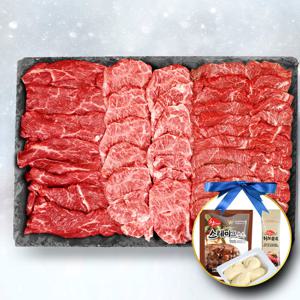 [봄맞이 우삼겹 증정] 1++ 투뿔 한우 구이 배부른 마블링 모둠 한판 600g + 3종 소스 포함