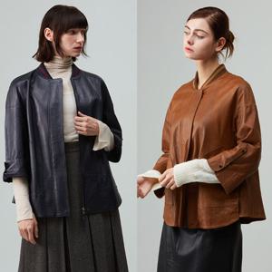 후스타일 여성 니트카라 레더 자켓