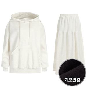 [샵앤] 국산 여성 럽미 기모 면 후드맨투맨 롱 스커트 세트 ARA-WSET-1191-오트밀