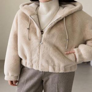 [스타일온미][스타일온미] 조엘 밍크 블렌딩 밑단 밴딩 후드 퍼 집업 점퍼