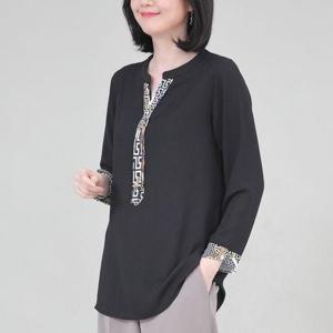 [애비뉴투지]엄마옷 프린트 타이 트임 라운드 넥 여성 봄 가을 쉬폰 긴팔 블라우스 B09351 50대 60대