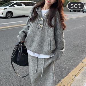 [유니제이] 벳지 후드 니트 스커트 SET