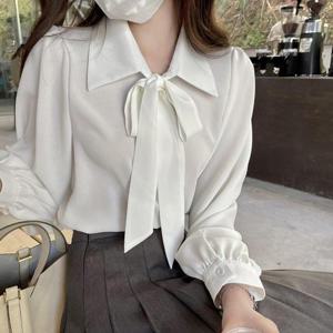 [옷자락]여자 클래식 리본 스트랩 카라넥 쉬폰 흰색 블라우스