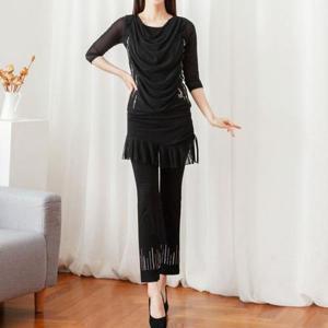 [까르죠아]쉬폰 밑단 스커트 빛줄기 보석 랩 바지 스포츠 댄스복 여성 라인 빅사이즈 50대 60대