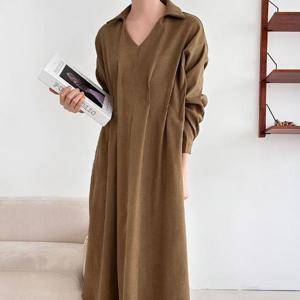 H스타일(OP)모르핀턱브이넥원피스 겨울 원피스 OPS 드레스 데일리룩 빅사이즈