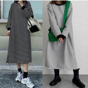[셀러허브_여성트랜드패션]ONM 가을 겨울 따뜻한 여자 스트라이프 기모 롱 원피스