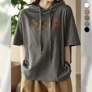 [유니제이] 바라 루즈핏 후드 프린팅 반팔티