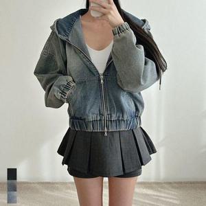 [큐즈]여성 후드 집업 크롭 청 자켓 루즈핏 투웨이 지퍼 샌드 워싱 데님 흑청 진청 연청 3컬러