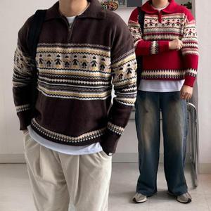 [노멀쉐이크][당일출고] 오버핏 노르딕 니트 2color 크리스마스 코위찬 반집업 카라 스웨터