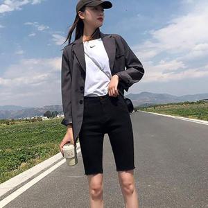 [오노마] ONM 여성 5부 하이웨스트 반바지 스판 흑청 디스트로이드