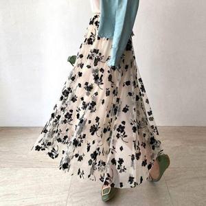 [네모엔룩]플라워롱샤 2중망사 벨로아 플레어 롱 밴딩 스커트